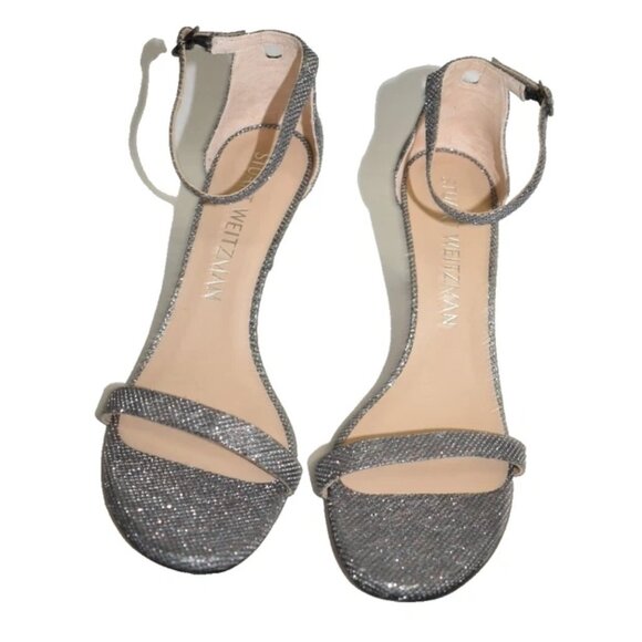 $500 STUART WEITZMAN nunaked 3.5" GLITTER GUNMETAL HEEL STRAP SANDAL 10.5 (TE10) - Picture 4 of 7